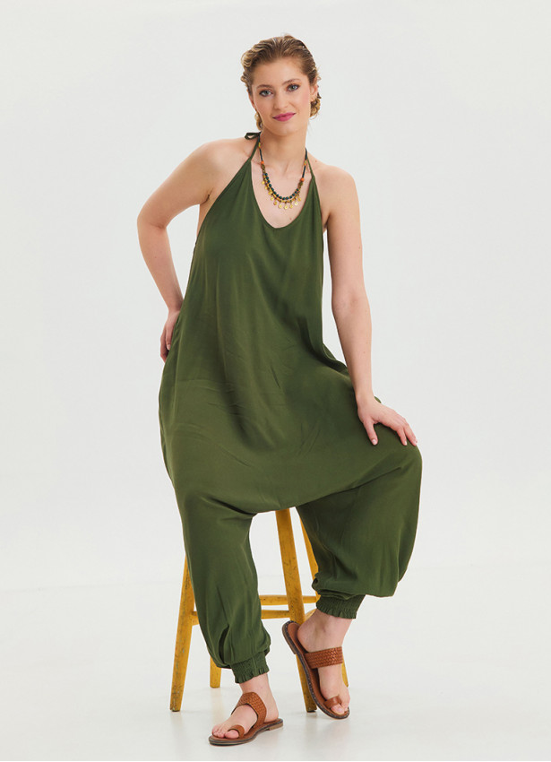 Khaki Bohemian Jumpsuit with Elasticated Legs and Tied Neck 4483